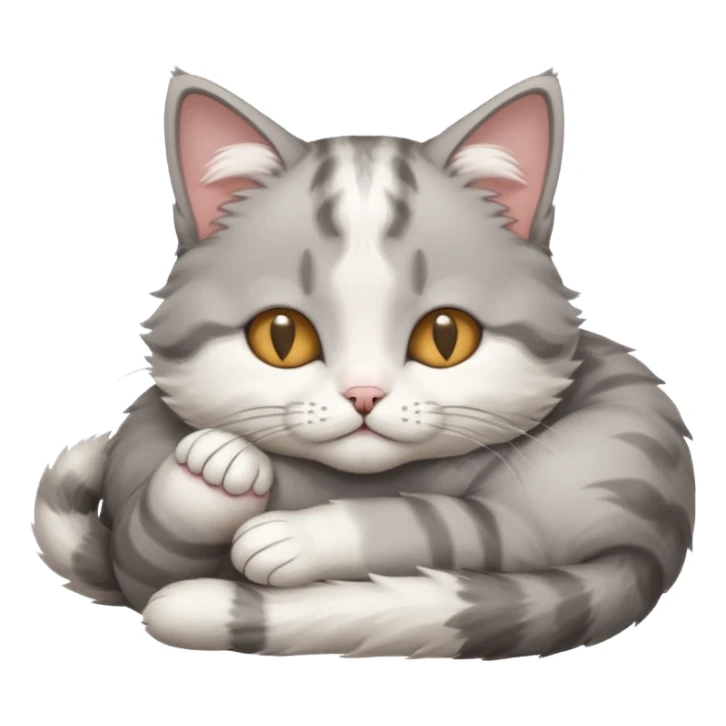 grey and white small cat with its eyes closed lying down with its paw curled and holding up his head sticker
