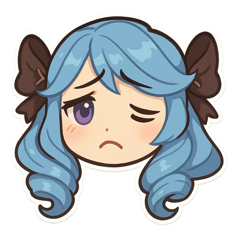 Gwen from League of Legends, chibi style, only head, borderless, right eye purple, both eyes same size, sad emote 3 sticker