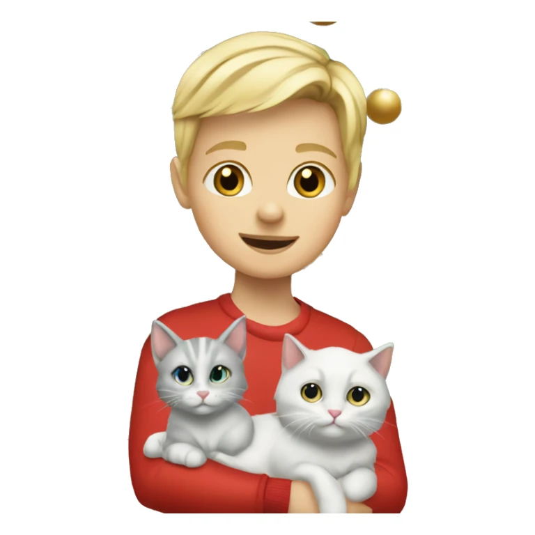 Blond kid with two white and grey Sibirien cats under a Christmas tree sticker