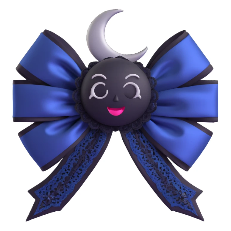 3D emoji gothic bow, midnight blue satin, silver crescent moon, black lace trim, mysterious and elegant sticker