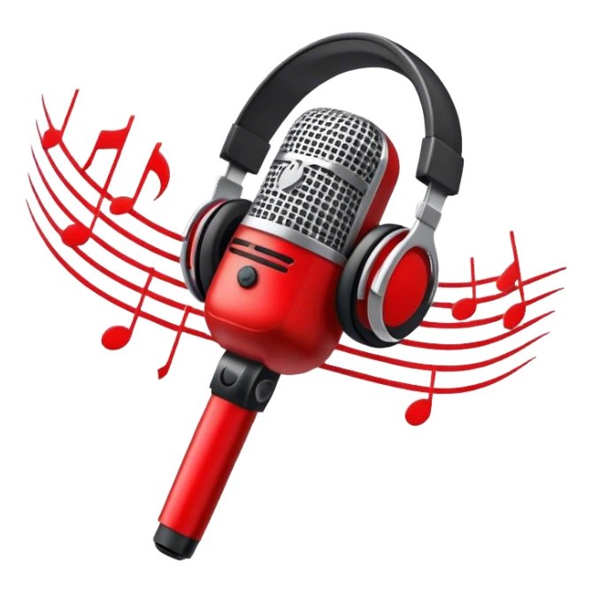 Create a dynamic and energetic emoji that represents beatboxing. The design should feature a stylized microphone with sound waves emanating from it, symbolizing vocal percussion and rhythm. Add elements like headphones or a subtle speaker to emphasize the music production aspect. Use bold colors like black, white, and red to convey the intensity and creativity of beatboxing. The background should be transparent. sticker