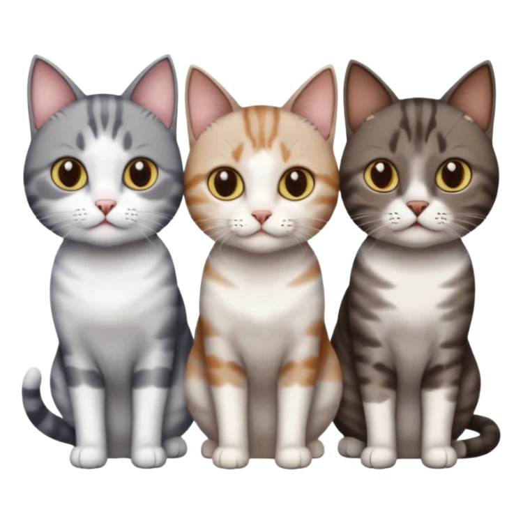 3 different coloured short haired cats including; a dark brown tabby and white cat, and a dark grey and white  sticker