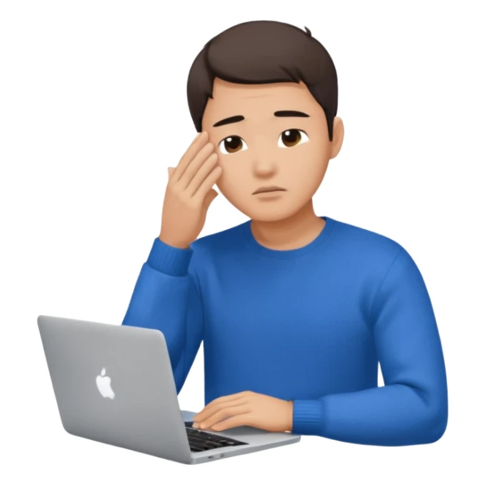 a asian handsome guy wearing a blue knit with white shirt, facepalming with only one hand, with a macbook, only upper body, high quality sticker