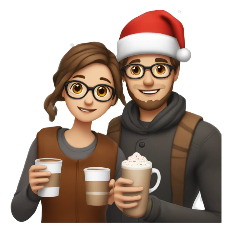 boy with brown hair and beard, brown eyes and square-rounded shaped glasses, and girl with white skin, brown straight hair and santa hat, both holding a white cup with hot chocolate sticker