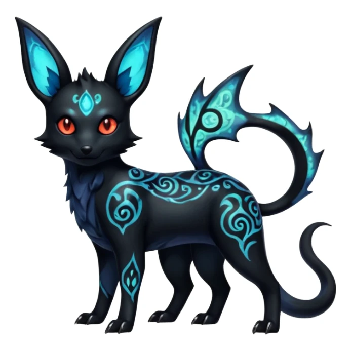 Shiny Fiery Dark Glowing Eldritch Horror Cool Edgy Badass Emo Glorious Demonic Batty Punky Aural Iridescent Fluorescent Bioluminescent Umbreon-Amaura-Salandit-Litten-Flareon-Fakémon-fusion (full body) with intricate pattern markings sticker