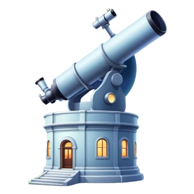 An icon featuring an observatory with a giant telescope, set against a starry sky. The design includes visible planets, distant stars, and galaxies, symbolizing the study of astronomy and celestial exploration. Transparent background highlights the wonder of the universe. sticker