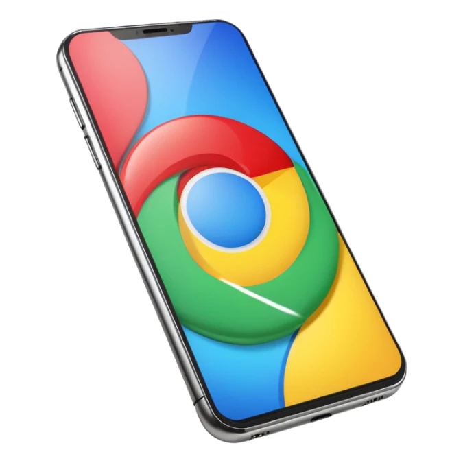 modern smartphone in 3D chrome metallic style, highly reflective and shiny, colorful screen, realistic details sticker