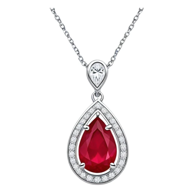 teardrop-shaped ruby pendant cradled in a delicate silver chain, haloed by shimmering white stones sticker