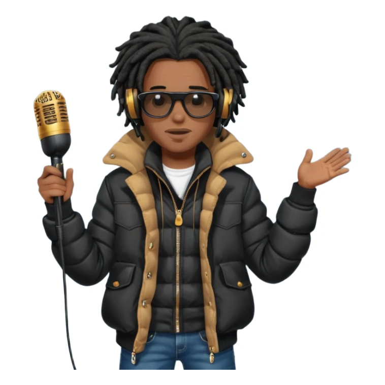 African American man brown skin complexion with black dreadlocks shoulder length wearing black bubble winter coat wearing black sunglasses with denim skinny jeans and timberland boots wearing headphones and rapping into a studio microphone sticker