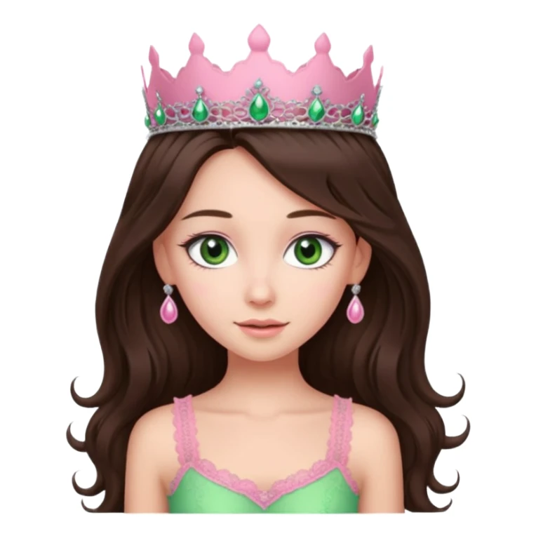 super long haired brunette with middle part cute pink lacy tank with a pink tiara on head, white but with a little bit of tan green eyes  sticker