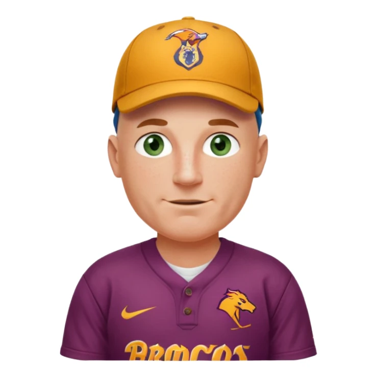young-ish 50 year old man dressed in a brisbane broncos jersey, bald head, fair freckled skin, happy face, blueish green eyes, wearing brisbane broncos baseball style cap, picture should be down to waist, hands on hips in a player stance sticker