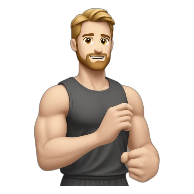 Close up Actively gesturing  with hands Pale skinned Fit Man With the biceps and brown hair in dark gray Sleeveless Mike, black oversize sports shorts, watch and white Sneakers sticker