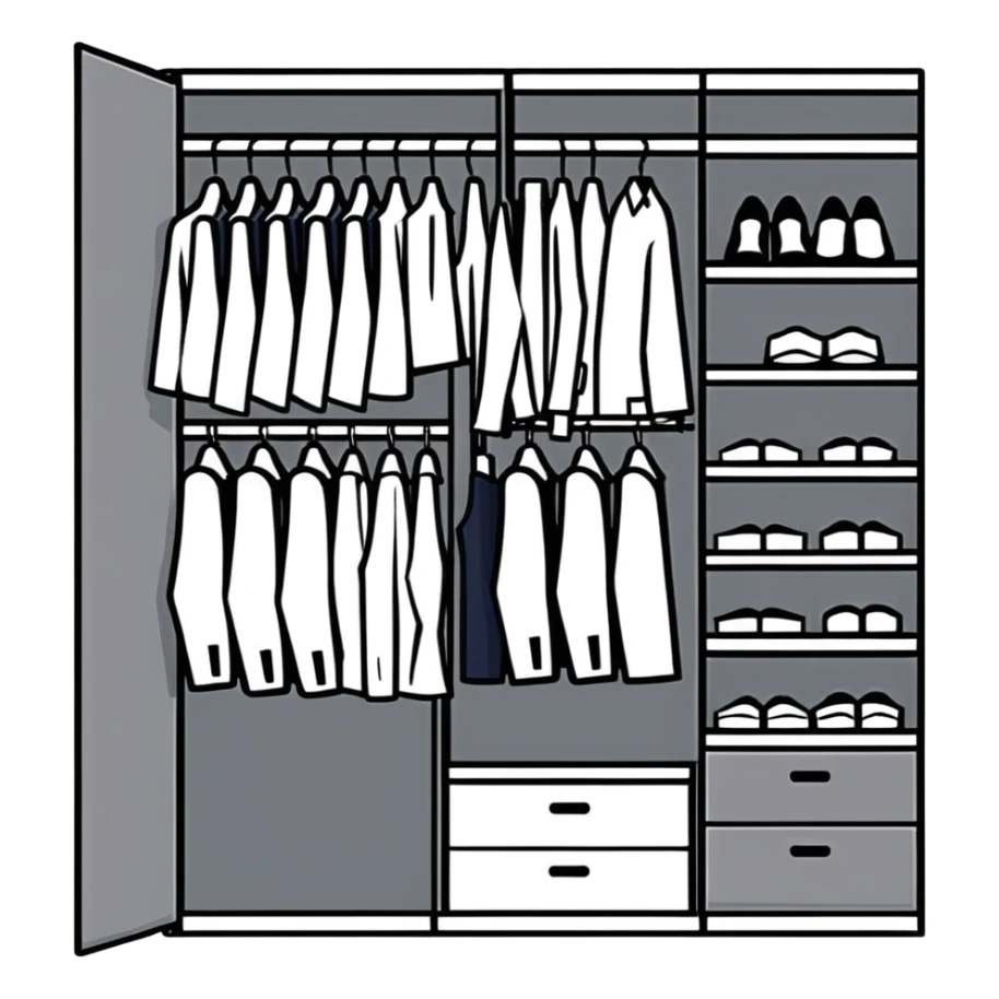 Simple closet with organized professional outfits, work wardrobe planning sticker