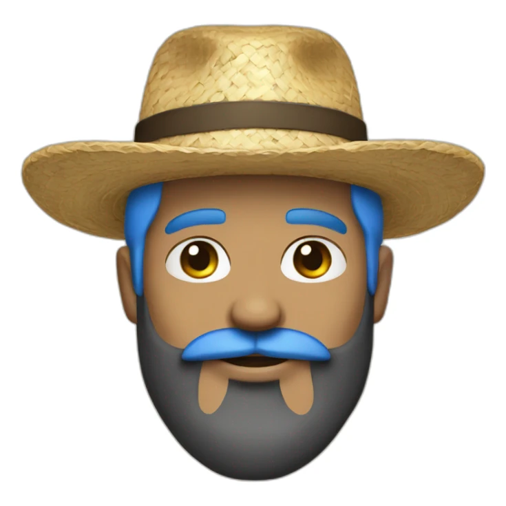 man black beard and mustache wearing straw hat with blue hair sticker