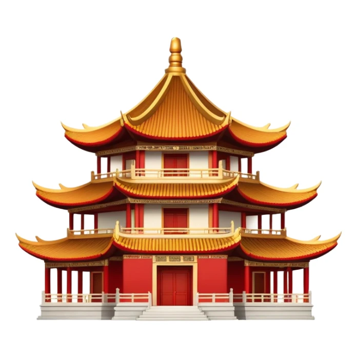 Traditional Chinese architecture with pagoda roofs, red columns, ornate details sticker