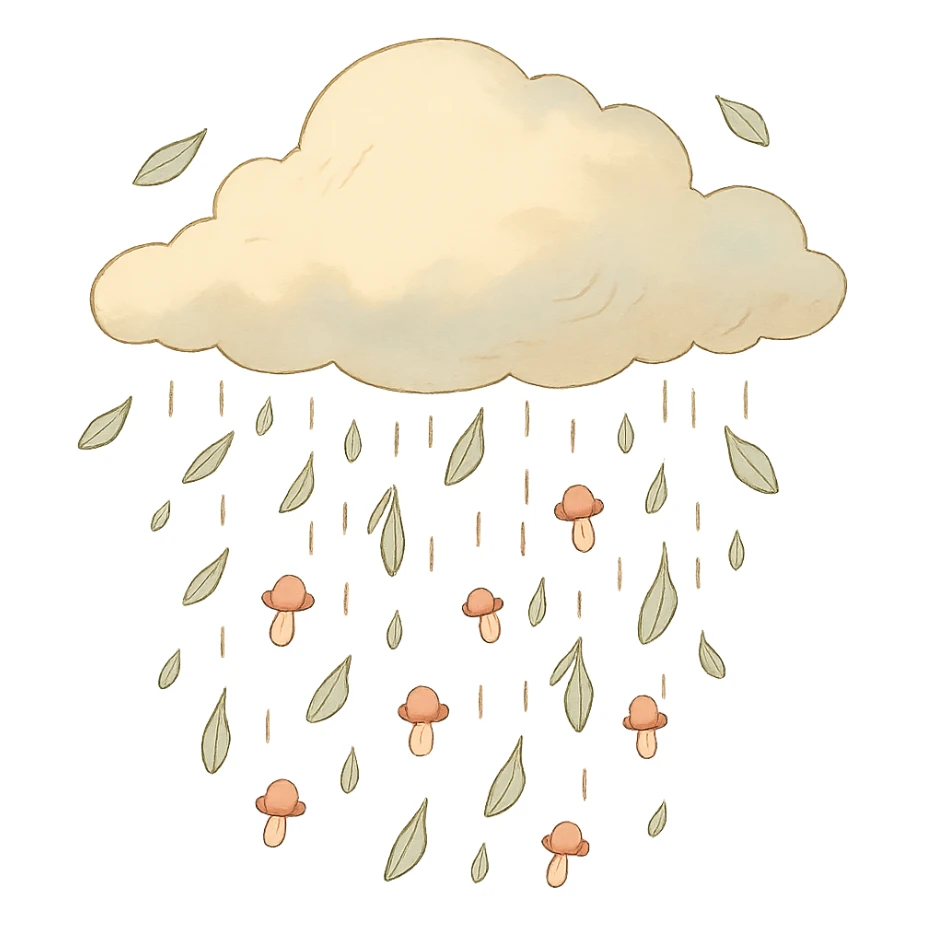 cloud raining tiny leaves and mushrooms, whimsical rain, pastel tones, soft ghibli style sticker