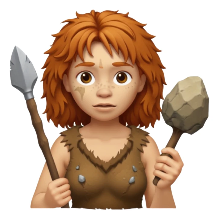 cartoon Neanderthal woman with messy ginger hair and a stone tool sticker
