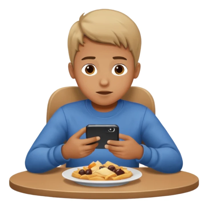 a boy watching videos on his phone while eating, sitting at a table sticker