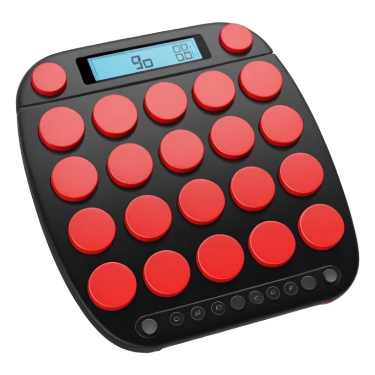 Create a clean, simple emoji of a digital percussion octapad with 6 pads. Flat design, rounded shapes, red and black colors, white background. With this kind of inclination sticker
