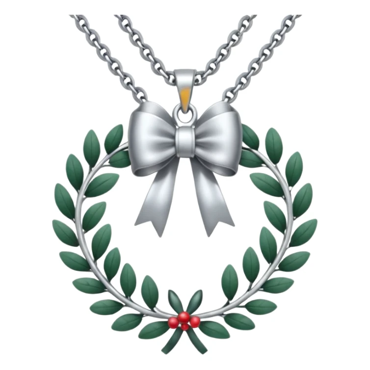 A silver necklace with a wreath shaped pendant and a bow at the top sticker