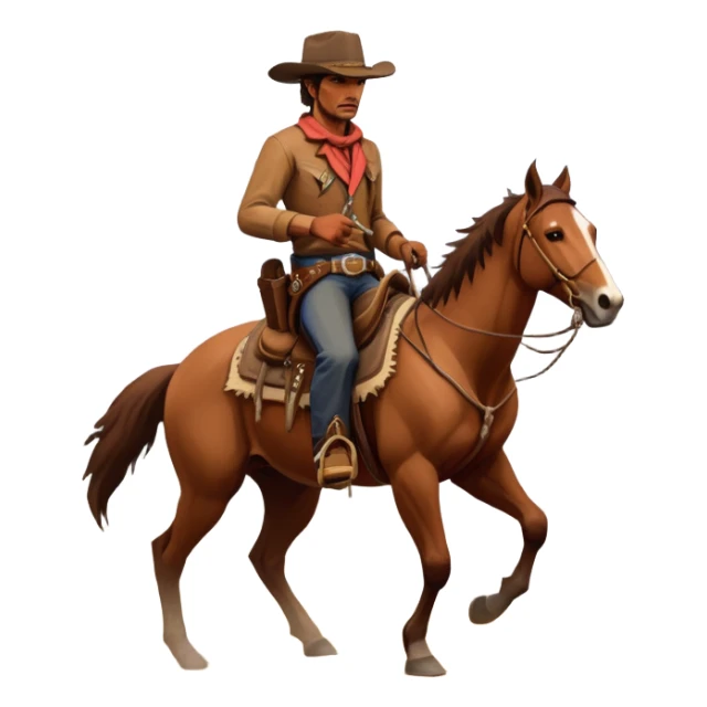 An icon representing an adventure game, inspired by Red Dead Redemption II. The design features a rugged cowboy riding a horse through a vast, open landscape with mountains, deserts, and wild animals. The atmosphere conveys exploration, action, and the thrill of the journey. Transparent background sticker