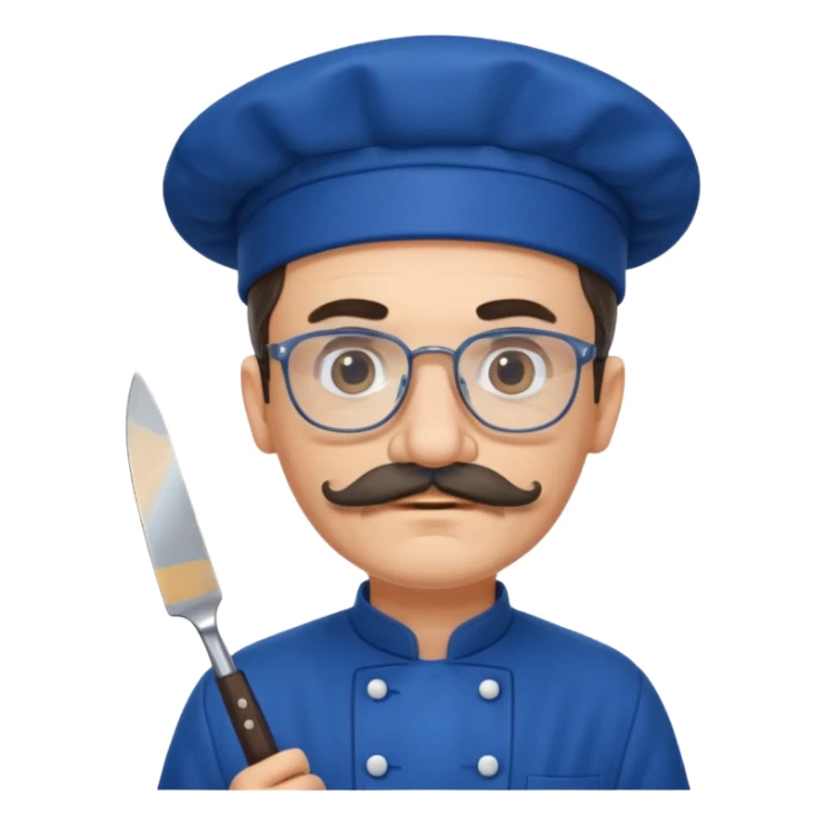 italian chef, blue uniform, with mustace, wearing glasses, holding knife sticker