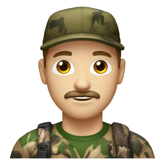 White guy with brown hair, cap, black mustache and hunting camo shirt sticker