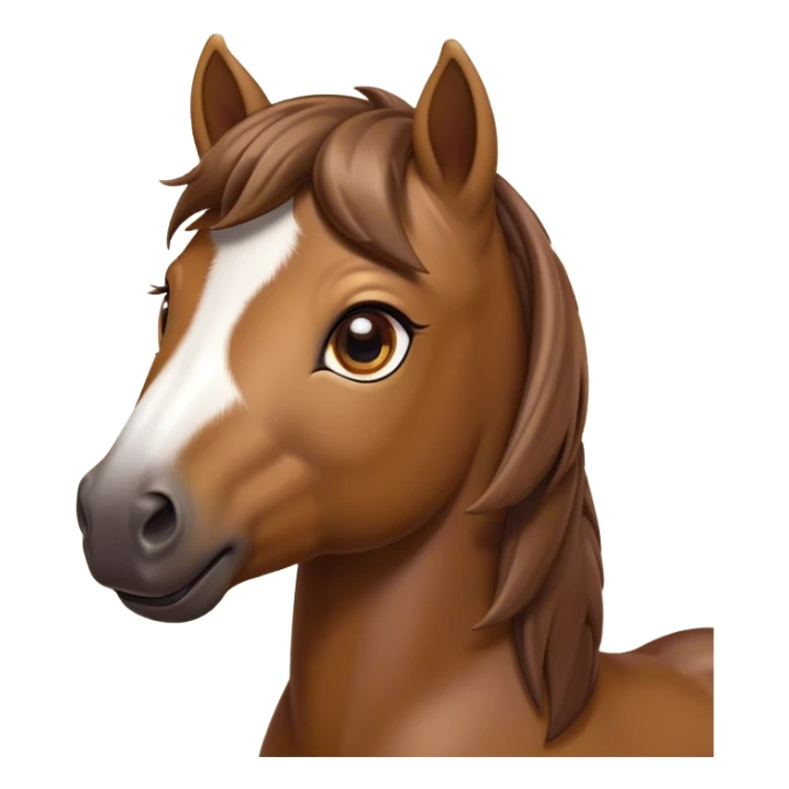 Cinematic Cute Brown Welsh Pony Portrait Emoji, Head tilted playfully and inquisitively, featuring a compact, charming form with a glossy, deep brown color, round, sparkling eyes full of gentle mischief, and a sweet, soft muzzle, Simplified yet irresistibly adorable features, highly detailed, glowing with a warm, inviting glow, high shine, affectionate and lively, stylized with a touch of rustic whimsy, soft glowing outline, capturing the essence of a mischievous yet endearing brown Welsh pony that seems as if it could prance out of the screen into your arms! sticker