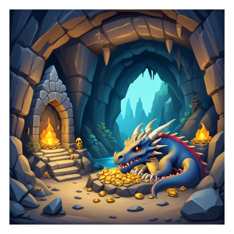 Dragon lair in a mountain cave with treasure piles and bones sticker