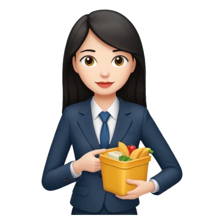 long dark haired woman with suit holding food container sticker