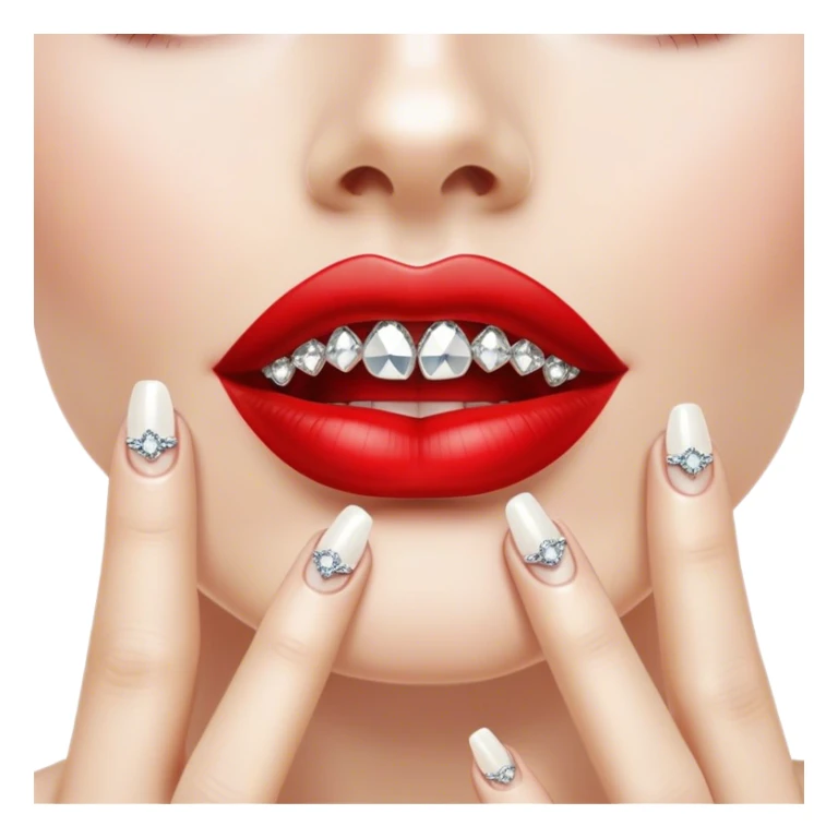 Glossy, bright red lips slightly parted. Inside, sparkling diamonds grillz. A long, elegant fingernail with a soft white shade. sticker