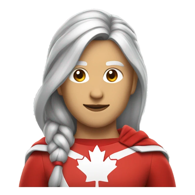 canadian superhero wearing red and white clothes including a mapple leaf width long dark grey hair in a ponytail sticker