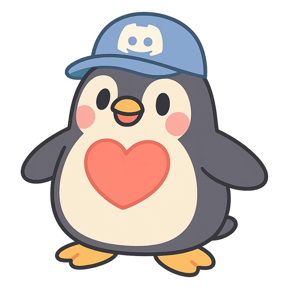 chubby penguin wearing a Discord logo hat with a large red heart on its chest in pastel-toon style sticker
