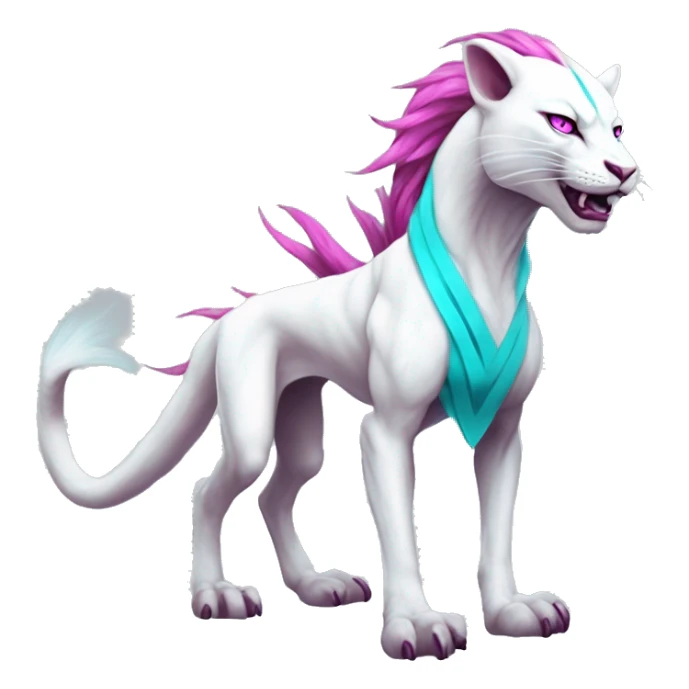 White elegant beautiful natural cute badass epic anthro modern albino vernid-Fakémon with cyan mane and magenta eyes with cyan edgy stripes, full body sticker