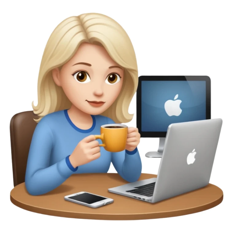 mujer blanca tomando cafe y con un computador sentada en una mesa  sticker