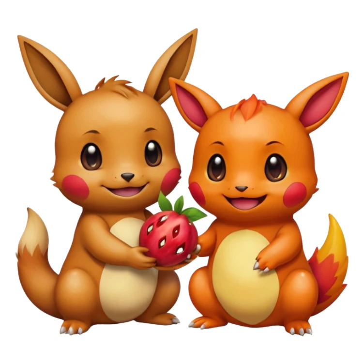 Eevee and Charmander sitting side by side, happily sharing a big fruit together. Both look joyful and friendly, drawn in a playful emoji-like cartoon style. sticker