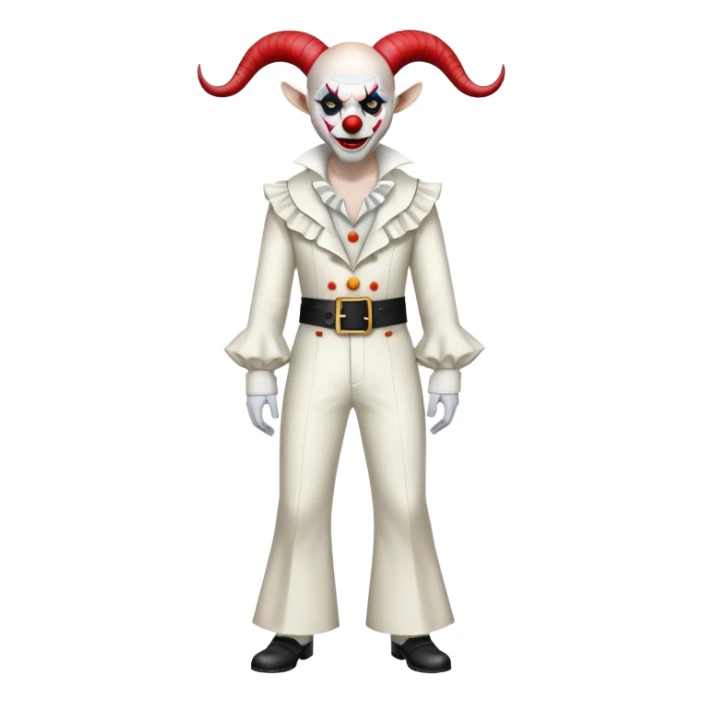 full-body demonic clown in a white leisure suit with bellbottom pants, bald, with black ram horns, flashy belt, ruffled shirt, no neck tie sticker