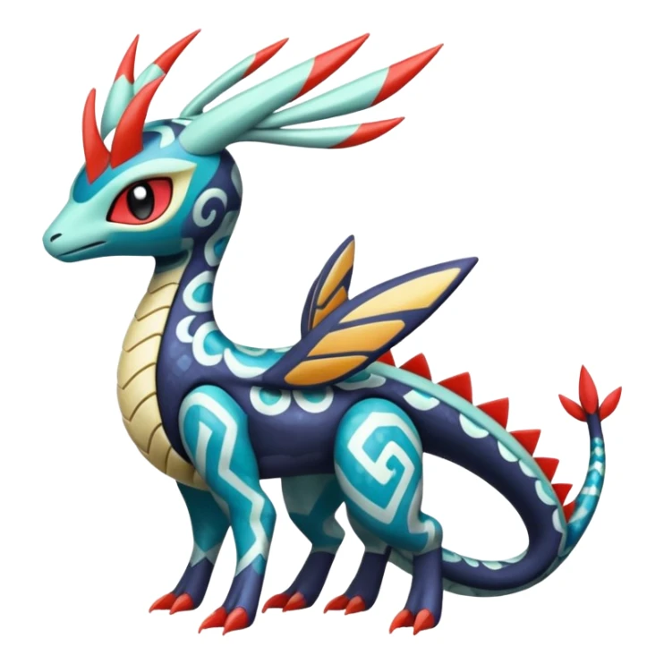 zig-zag-patterned tribal tropical hot spotted Meloetta-Dialga-Salamence-Giratina-Noivern-Pokémon-Fakémon-fusion-hybrid-creature sticker