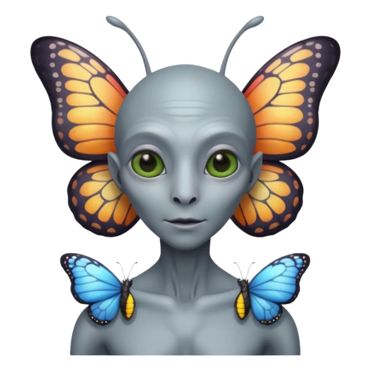 an standard grey alien with seperate a butterfly on shoulder sticker