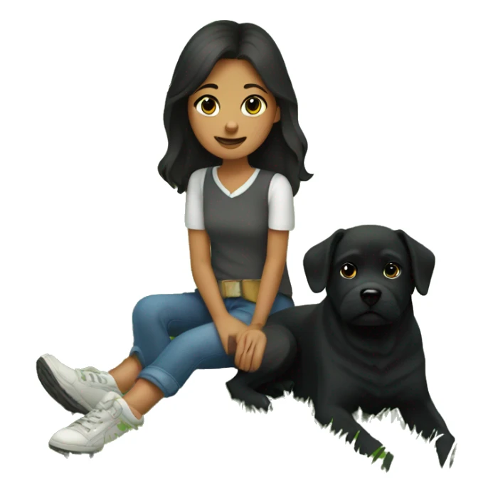 Bruenette girl sitting in grass with a black dog sticker