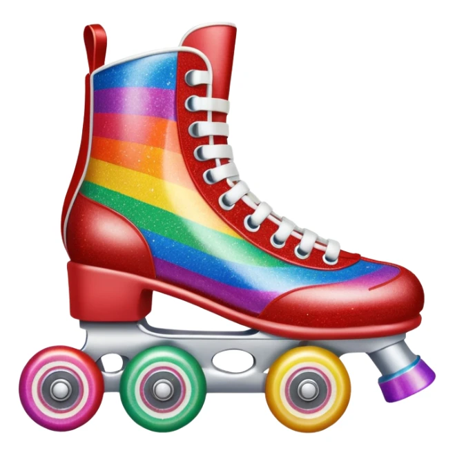 red vintage glitter roller skate with a white leather boot, rainbow stripes glitter sticker