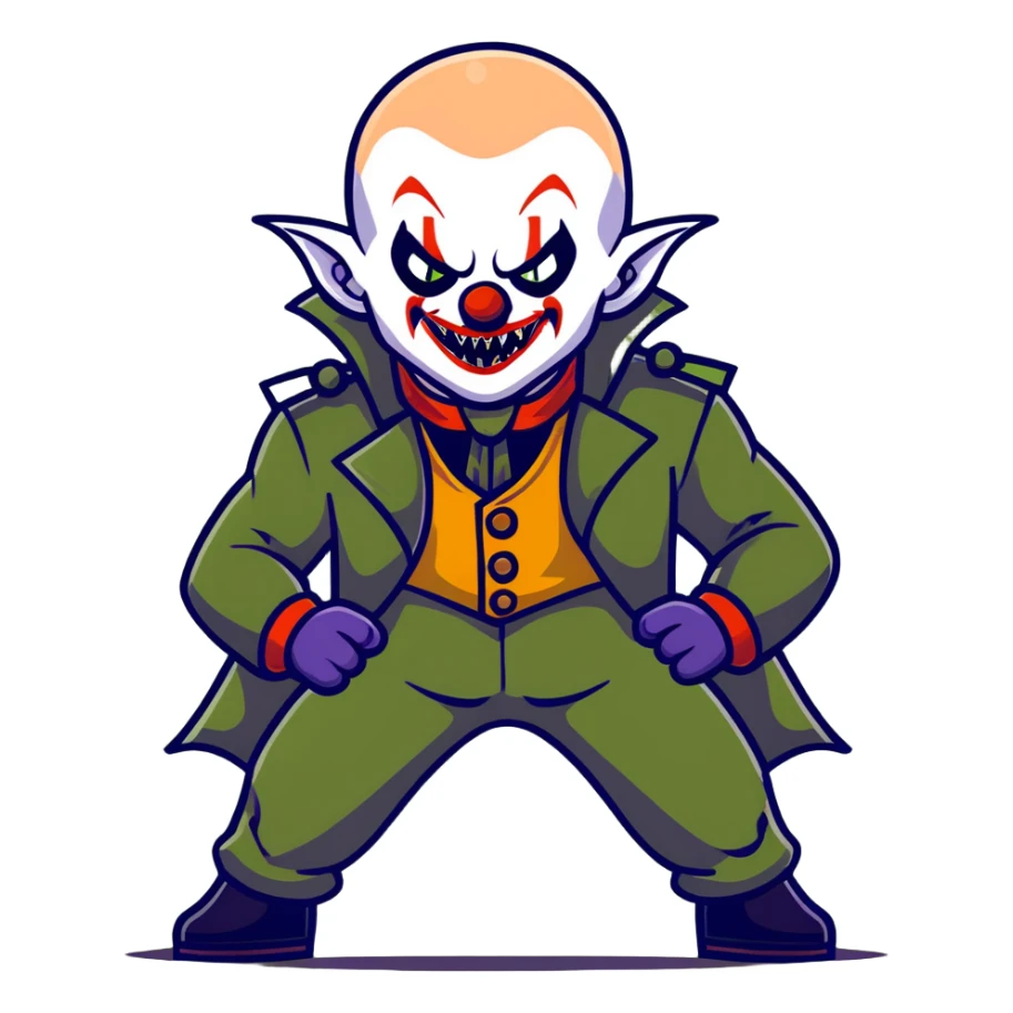 evil clown warrior, bald, small black satan-like horns on forehead, fangs, pointed ears, eye patch over one eye, long coat over black and military green leisure suit with bellbottom pants, realistically proportioned, less bulky, full body, battle-ready fighting posture sticker
