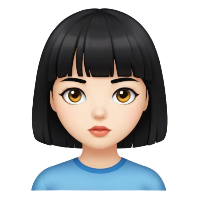 girl with black hair and bangs, with big face sticker
