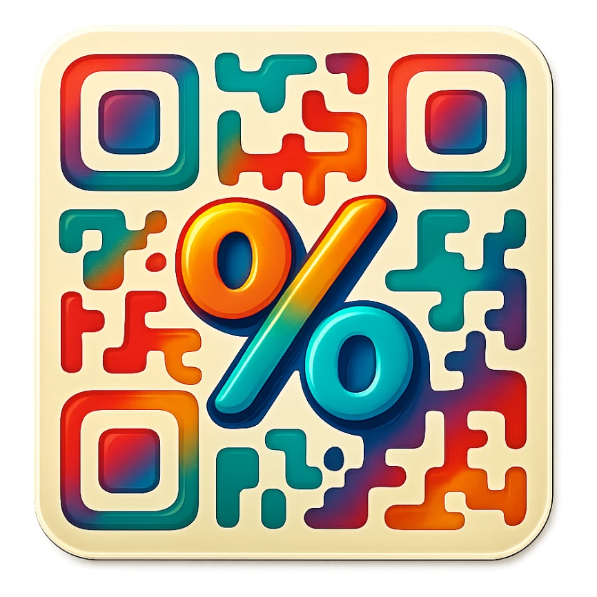 badge featuring a QR code that integrates a large percent sign (%) within it sticker