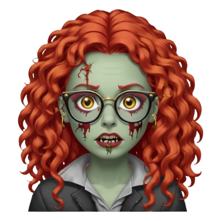 create a zombie with long red curly hair, thick lashes, black square glasses, gold nose piercings on each side of her nose, and a gold eyebrow piercing. sticker