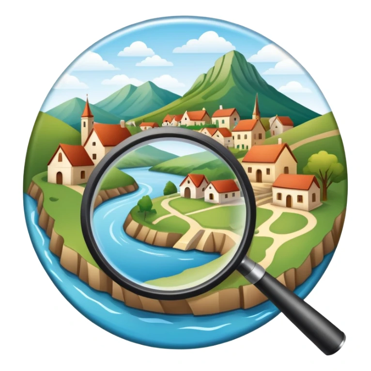 An icon featuring a magnifying glass over a local map, with a small village, traditional house, and natural landmarks like a river and hill, symbolizing local history and geography. Transparent background highlights the study of native land, culture, and heritage. sticker