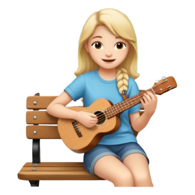 Teen girl – relaxed on park bench, strumming a ukulele, smiling.
 sticker