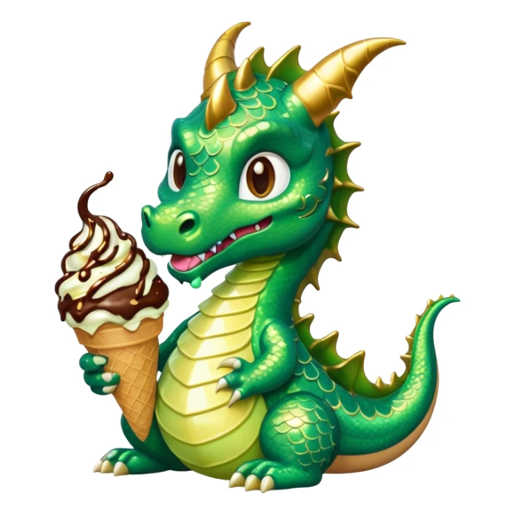 A shiny glittery dragon eating ice cream sticker