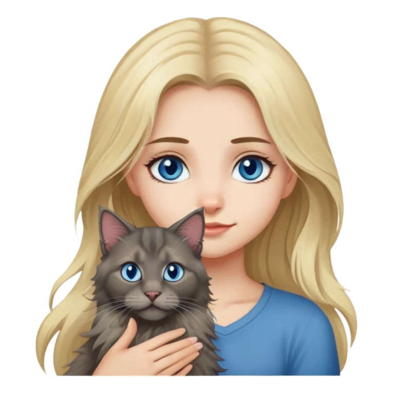Fille blonde aux yeux bleu avec un chat mainecoon gris foncés  sticker