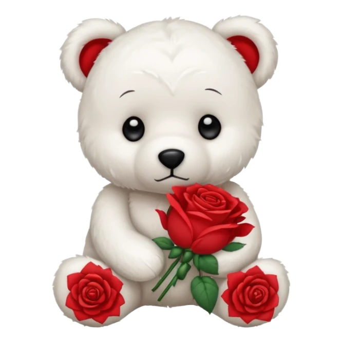 Cute white teddy bear with sad puppy dog eyes holding roses  sticker